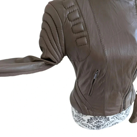 BCBGMaxazria Leather Jacket Tart Taupe Light Brown Moto Crop Women's Extra Small - Picture 8 of 14